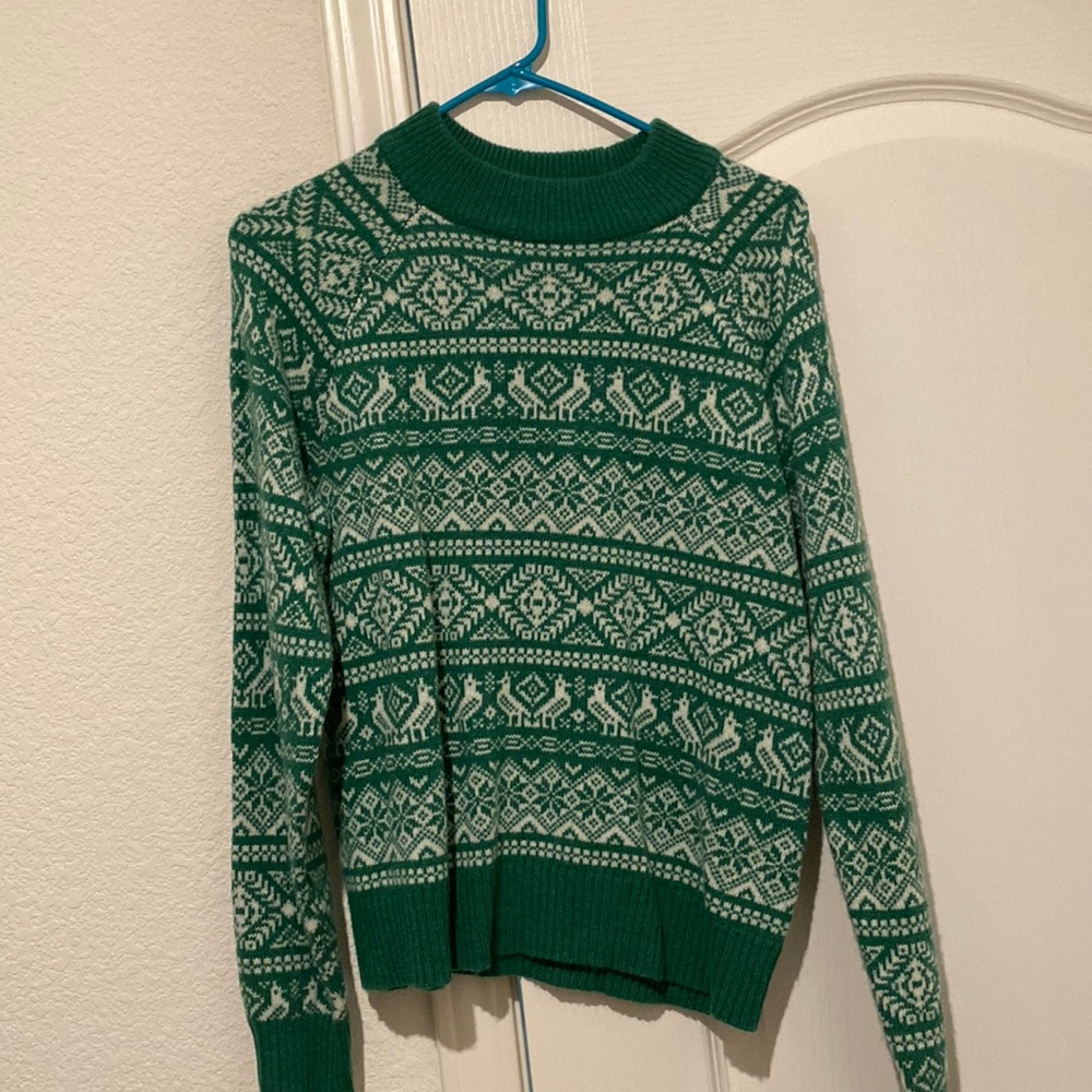 J.Crew Cheerful Fair Isle Sweater SMALL Green Mock Neck Birds Snowflakes NWOT